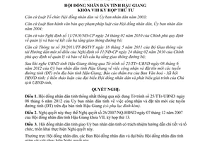 Nghị Quyết 17/2012/NQ-HĐND công nhận và đặt tên mới tuyến đường tỉnh Hậu Giang