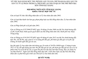 Nghị quyết 14/2012/NQ-HĐND phí đấu giá tài sản phí tham gia đấu giá tài sản tỷ lệ trích để lại Hậu Giang