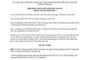 Nghị quyết 02/2012/NQ-HĐND điều chỉnh dự toán thu chi ngân sách tỉnh Sóc Trăng