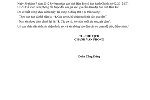 Thông báo 167/TB-UBND đính chính Chỉ thị 02/2012/CT-UBND Bến Tre