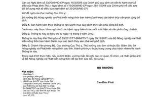 Thông tư 38/2012/TT-BNNPTNT danh mục bệnh thủy sản phải công bố dịch