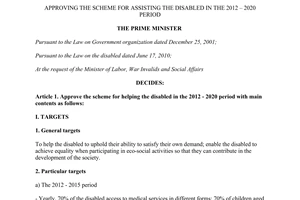 Decision No. 1019/QĐ-TTg 2012 approving the scheme for assisting the disabled in the 2012 2020