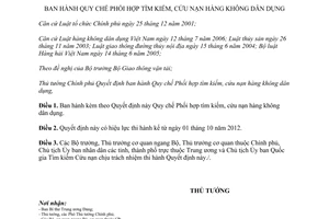 Quyết định 33/2012/QĐ-TTg Quy chế phối hợp tìm kiếm cứu nạn hàng không dân dụng