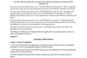 Circular No. 23/2012/TT-BCT on the application of automatic import licenses