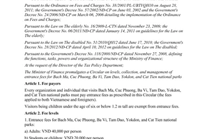 Circular No. 126/2012/TT-BTC entrance fees Bach Ma Cuc Phuong Ba Vi Tam Dao Cat Tien national parks
