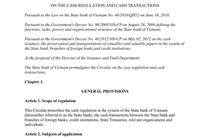 Circular No. 23/2012/TT-NHNN on the case regulation and cash transactions