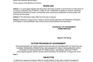 Resolution No. 40/NQ-CP promulagting action program of government in furthurance