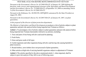 Circular No. 39/2012/TT-BNNPTNT promulgating a list of articles subject to plant