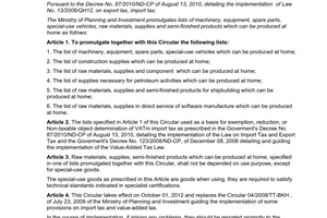 Circular No. 04/2012/TT-BKH promulgating a list of equipment, machinery spare