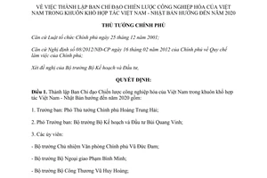 Quyết định 1075/QĐ-TTg năm 2012 thành lập Ban Chỉ đạo Chiến lược công nghiệp hóa