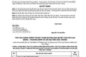 Quyết định 794/QĐHC-CTUBND thủ tục hành chính thuộc sở lao động thương binh xã hội Sóc Trăng 2012