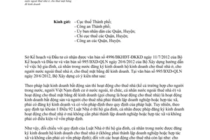 Công văn 6457/SKHĐT-ĐKKD ngành nghề cho thuê nhà cho người nước ngoài thuê nhà