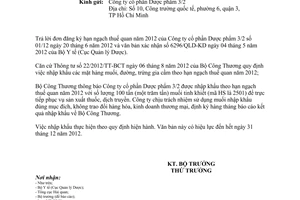Công văn 7138/BCT-XNK nhập khẩu muối theo hạn ngạch thuế quan
