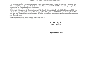 Công văn 7815/BCT-XNK thực hiện Thông báo 197/TB-BCT mặt hàng rượu gửi kho