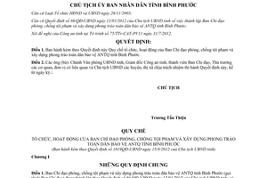 Quyết định1619/QĐ-UBND năm 2012 phòng chống tội phạm bảo vệ ANTQ Bình Phước