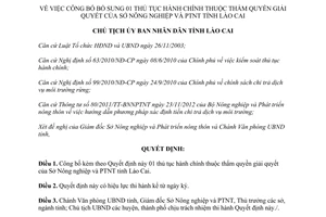 Quyết định 2042/QĐ-UBND thủ tục hành chính Sở Nông nghiệp Phát triển nông thôn Lào Cai