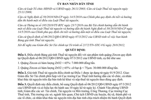 Quyết định 33/2012/QĐ-UBND điều chỉnh Bảng giá tính Thuế tài nguyên