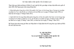 Thông báo hiệu lực của Hiệp định tương trợ tư pháp và pháp lý vấn đề dân sự