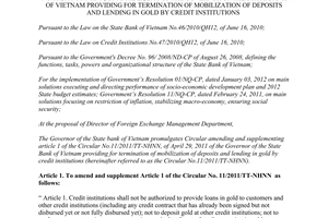 Circular No. 24/2012/TT-NHNN roviding for termination of mobilization of deposit