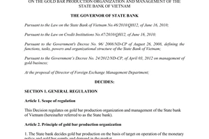 Decision No. 1623/QD-NHNN on the gold bar production organization and management