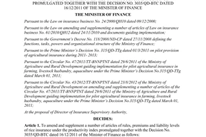 Decision No.2114/QD-BTC amending rules premiums amending agricultural insurance