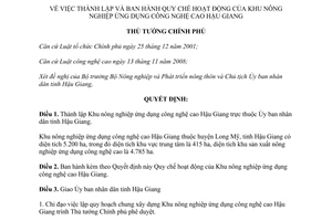 Quyết định 1152/QĐ-TTg năm 2012 Quy chế hoạt động của Khu nông nghiệp Hậu Giang