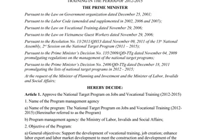 Decision No. 1201/QĐ-TTg approving National target program on jobs and vocational training 2012 2015