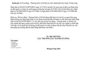 Công văn 3283/LĐTBXH-NCC triển khai Pháp lệnh ưu đãi Người có công với cách mạng