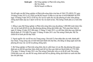 Công văn 1451/TTg-KTN năm 2012 mua vắc xin tai xanh dự phòng hỗ trợ phòng chống dịch khẩn cấp