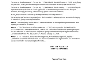 Circular No. 03/2012/TT-BXD promulgating the list and HS codes of asbestos