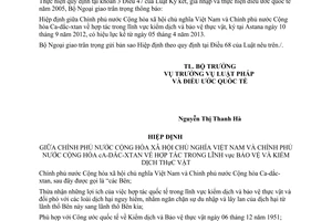 Hiệp định 20/2013/TB-LPQT hợp tác lĩnh vực kiểm dịch Việt Nam Ca-dắc-xtan