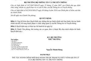 Quyết định 1653/QĐ-BTTTT năm 2012 công bố thủ tục hành chính thuộc phạm vi