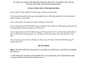 Quyết định 30/2012/QĐ-UBND Quy định chế độ tiền thưởng đối với vận động viên