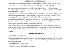 Circular No. 26/2012/TT-NHNN  guiding the approval procedures of the state bank