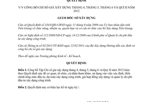 Quyết định 111/QĐ-SXD công bố Chỉ số giá xây dựng Quý II 2012 Tiền Giang