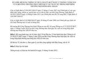 Thông tư 24/2012/TT-BCT sửa đổi Thông tư 21/2010/TT-BCT thực hiện Quy tắc