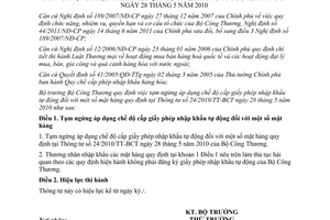 Thông tư 27/2012/TT-BCT quy định tạm ngừng áp dụng chế độ cấp giấy phép