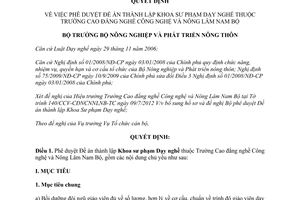 Quyết định 2367/QĐ-BNN-TCCB  phê duyệt Đề án thành lập Khoa Sư phạm Dạy nghề