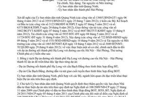 Công văn 1621/TTg-KTN thực hiện cơ chế chính sách đầu tư dự án đường nối Hạ Long