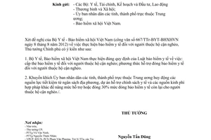 Công văn 1740/TTg-KTTH  thực hiện bảo hiểm y tế đối với người thuộc hộ cận nghèo