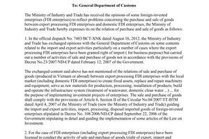 Official Dispatch No. 10240/BCT-KH Concerning the purchase and sale of goods bet