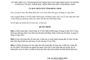 Quyết định 34/2012/QĐ-UBND về hiệu lực Quyết định 33/2012/QĐ-UBND quy định dạy,
