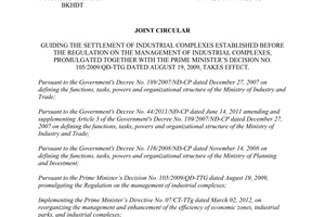 Joint circular No. 31/2012/TTLT-BCT-BKHDT guiding the settlement of industrial