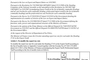 Circular 169/2012/TT-BTC amending export tax rates for coal of the heading 27.01
