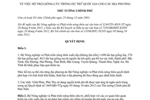 Quyết định 1503/QĐ-TTg hỗ trợ giống cây trồng dự trữ quốc gia cho địa phương