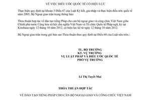 Thông báo hiệu lực Thỏa thuận hợp tác đào tạo tiếng Pháp cho cán bộ ngoại giao