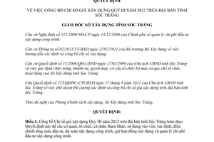 Quyết định 41/QĐ-SXD năm 2012 công bố Chỉ số giá xây dựng Qúy III Sóc Trăng