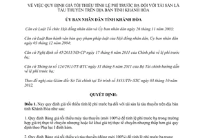 Quyết định 33/2012/QĐ-UBND giá tối thiểu tính lệ phí trước bạ tài sản tàu thuyền Khánh Hòa