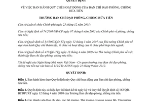 Quyết định 121/QĐ-BCĐPCRT Quy chế hoạt động của Ban chỉ đạo phòng chống rửa tiền