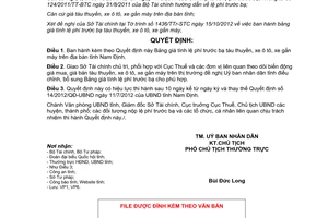 Quyết định số 24 /2012/QĐ-UBND Bảng giá tính lệ phí trước bạ tỉnh Nam Định